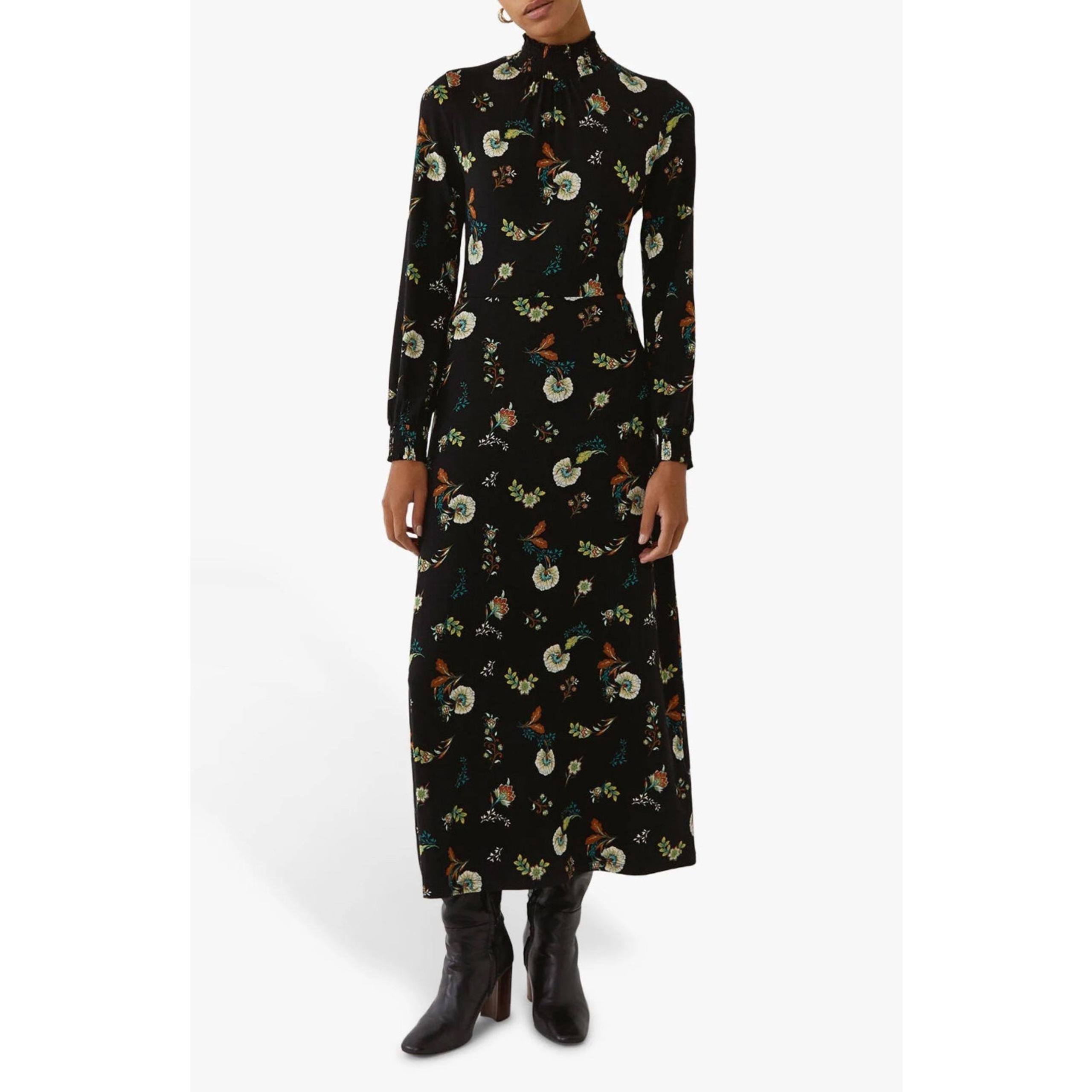 Warehouse Floral Shirred Neck Midi Dress Women’s 10 Black Long Sleeve Retro 70s