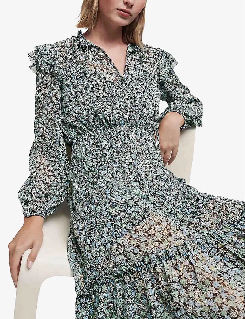 maje Renaza Floral Long Sleeve Midi Dress BLUE FLOWERS, Size 6 US / 38 FR