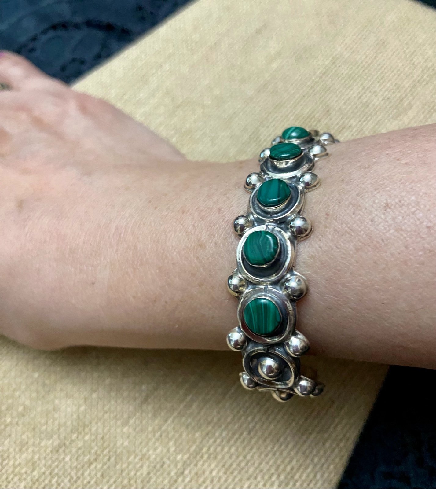 Vintage Mexican Sterling Silver & Malachite Cuff Bracelet