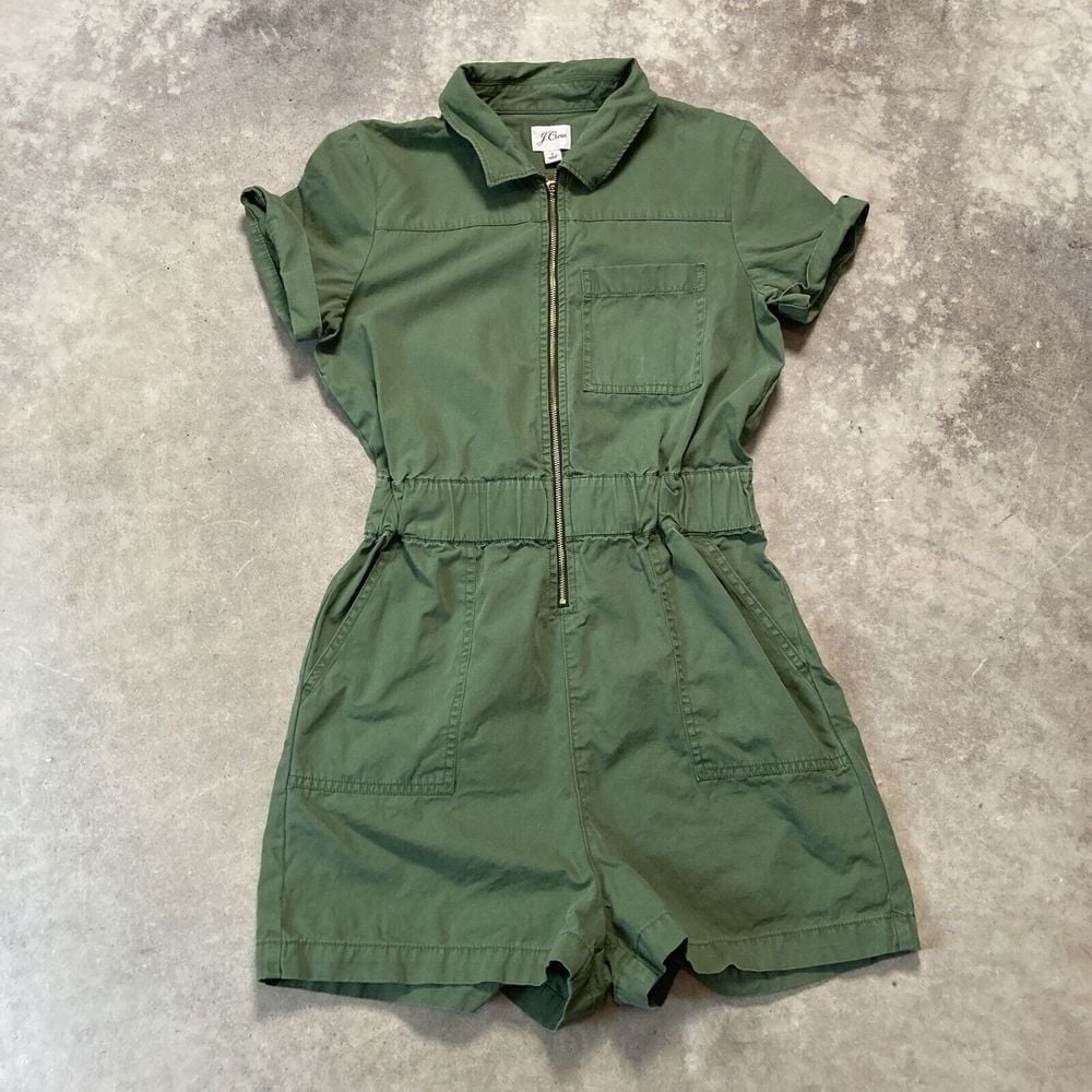 J Crew Romper Womens 2 Green Zip Front Chino Patch Pockets Utility Preppy