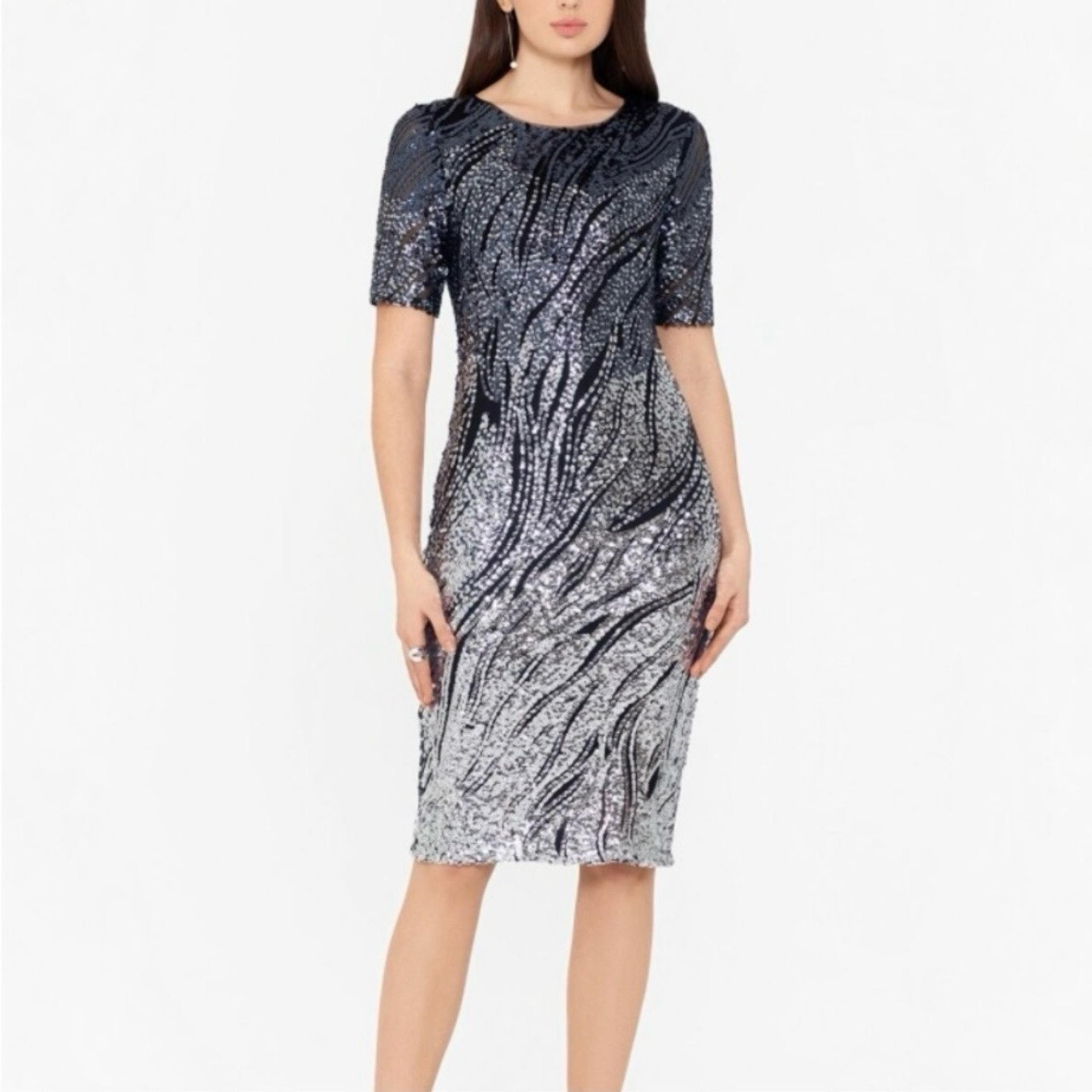 New! BETSY & ADAM Women Navy Sequined Ombre Sheath Dress Prom Wedding Graduation