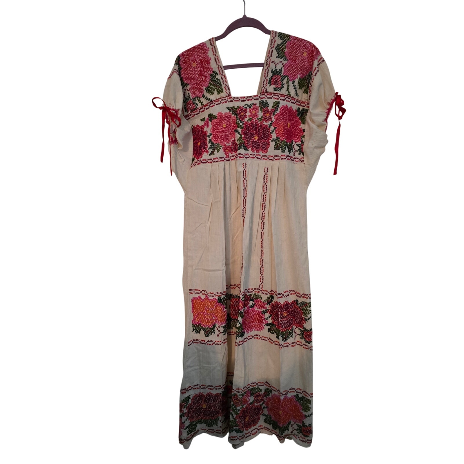 Vtg WHITE Oaxacan MEXICAN Maxi DRESS Colorful Hand Embroidery