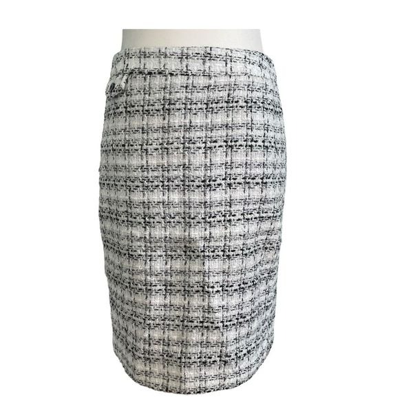 Sandro Classic Tweed Tartan Plaid Pencil Skirt White Black Silver Knit Mini 4