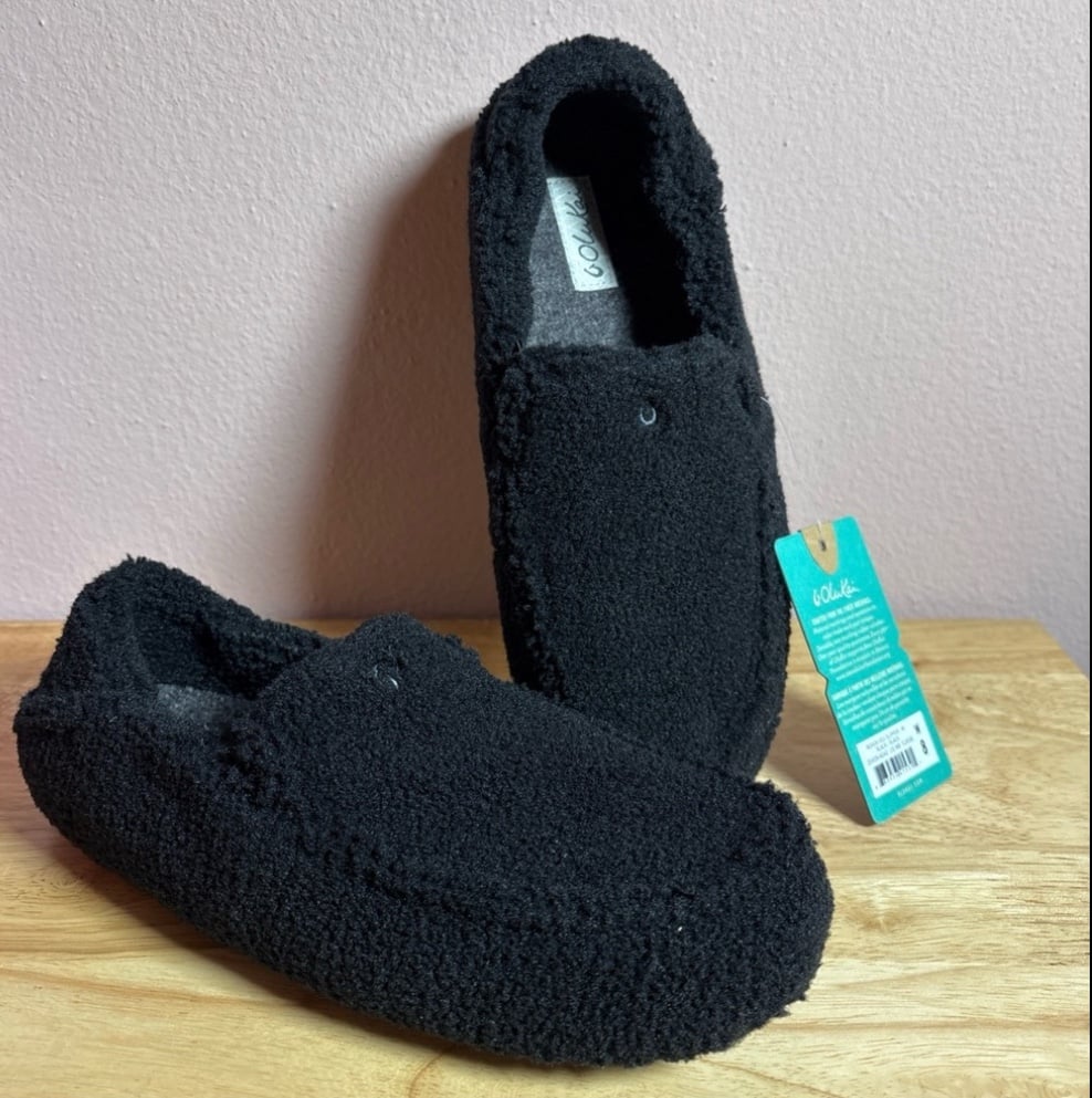 Olukai Women's Nohea Heu Slippers Shoes Slip On Black Fuzzy Sz 8 NEW