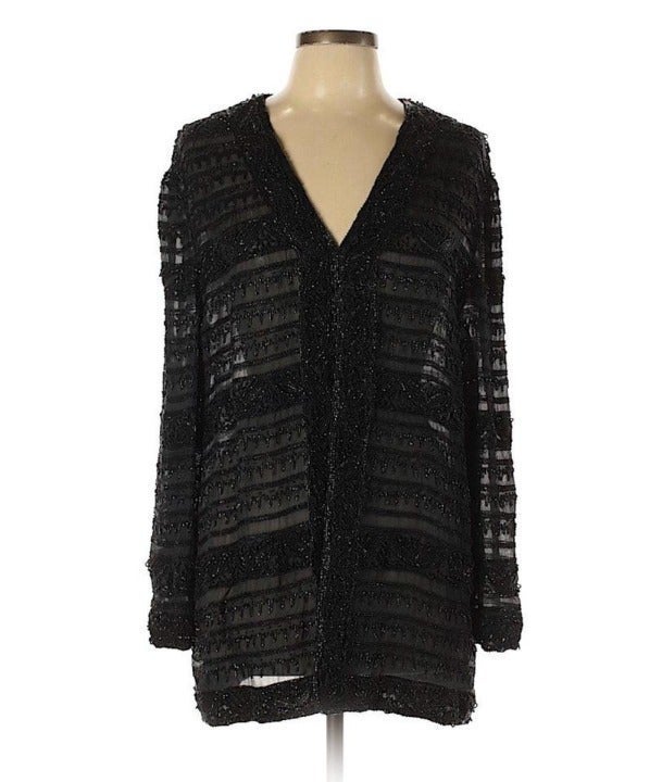 Oleg Cassini Black Tie Black Vintage Beaded Evening Jacket Wrap sz L