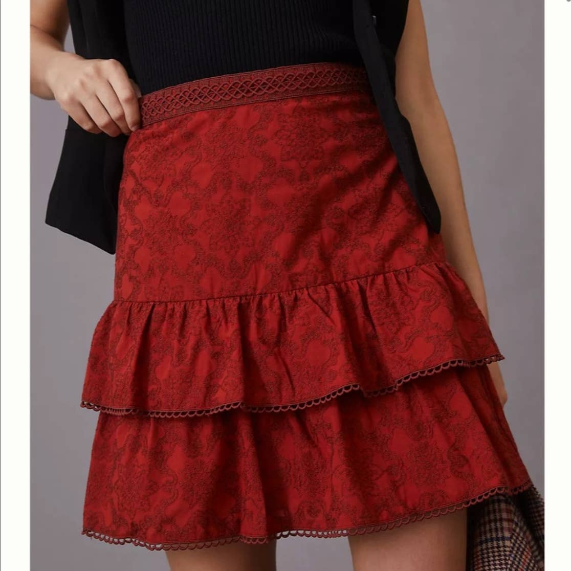 NWT Anthropologie Tiered Embroidered Mini Skirt Red Size 12