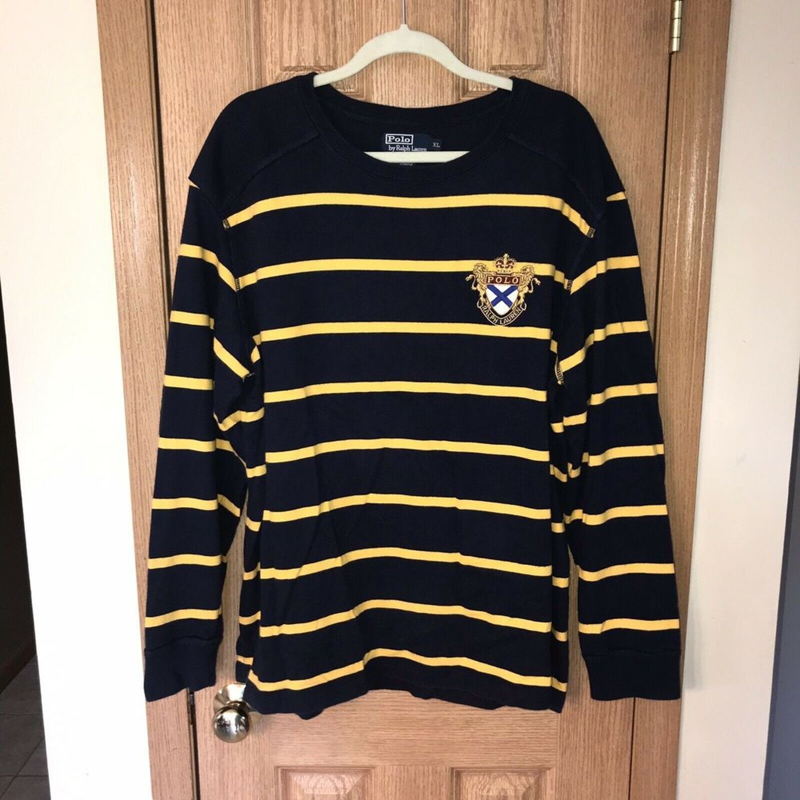 Polo Ralph Lauren Crest #7 Striped L/S Shirt Men's XL Thick Rare, Elbow Patches