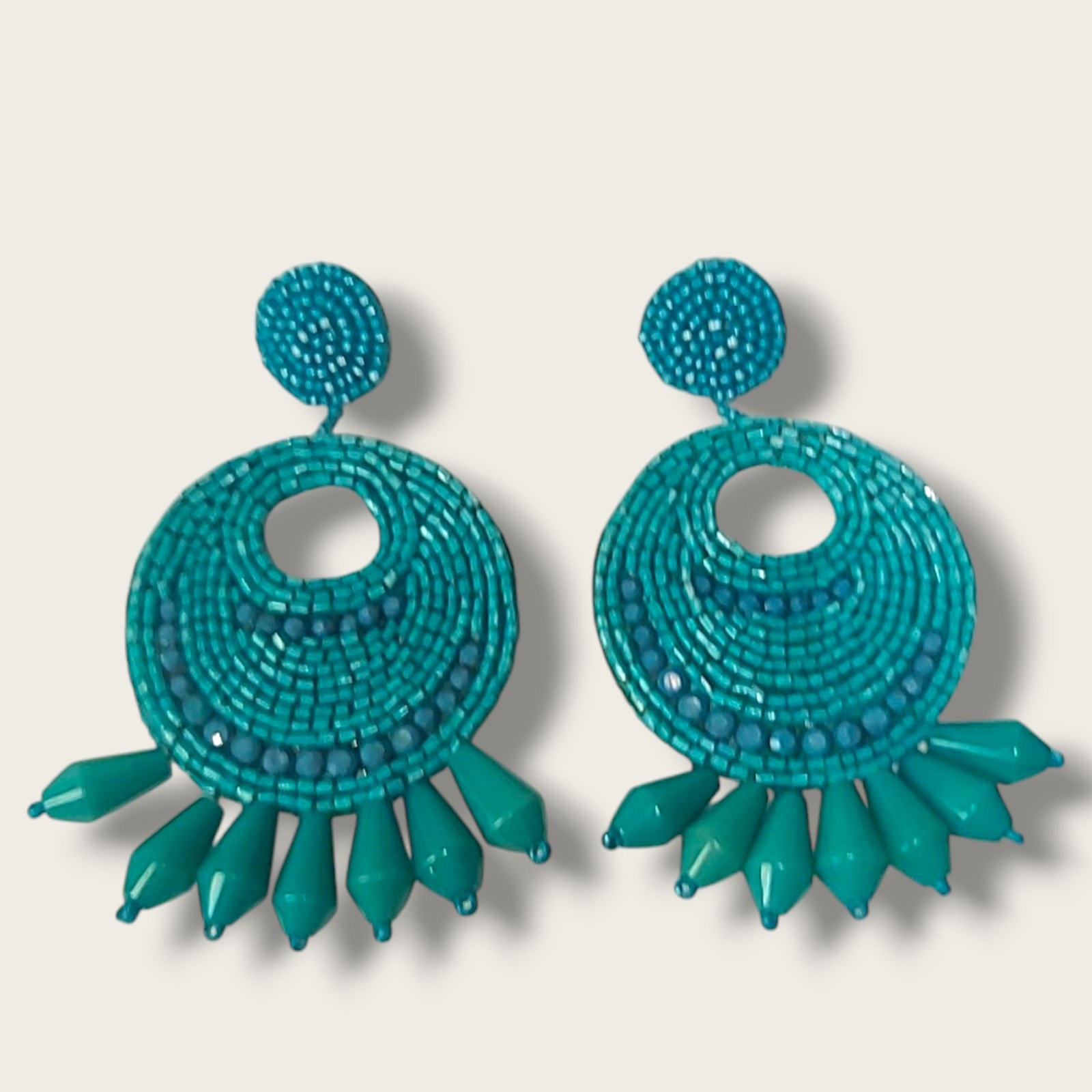 Kenneth J Lane KJL Turquoise Seed Bead Round Gypsy Hoop Drops Pierced Earrings