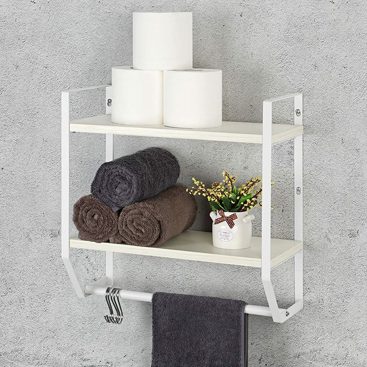Wall Storage Shelf Rack 2 Tier Bathroom Kitchen Organizer Towel Rack w/Hooks