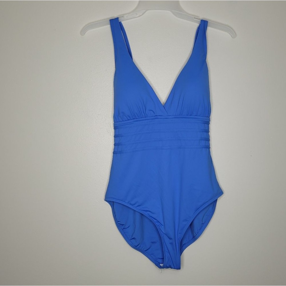 La Blanca Island Goddess Multi-Strap Cross-Back One Blue Swimsuit size 16 NWT