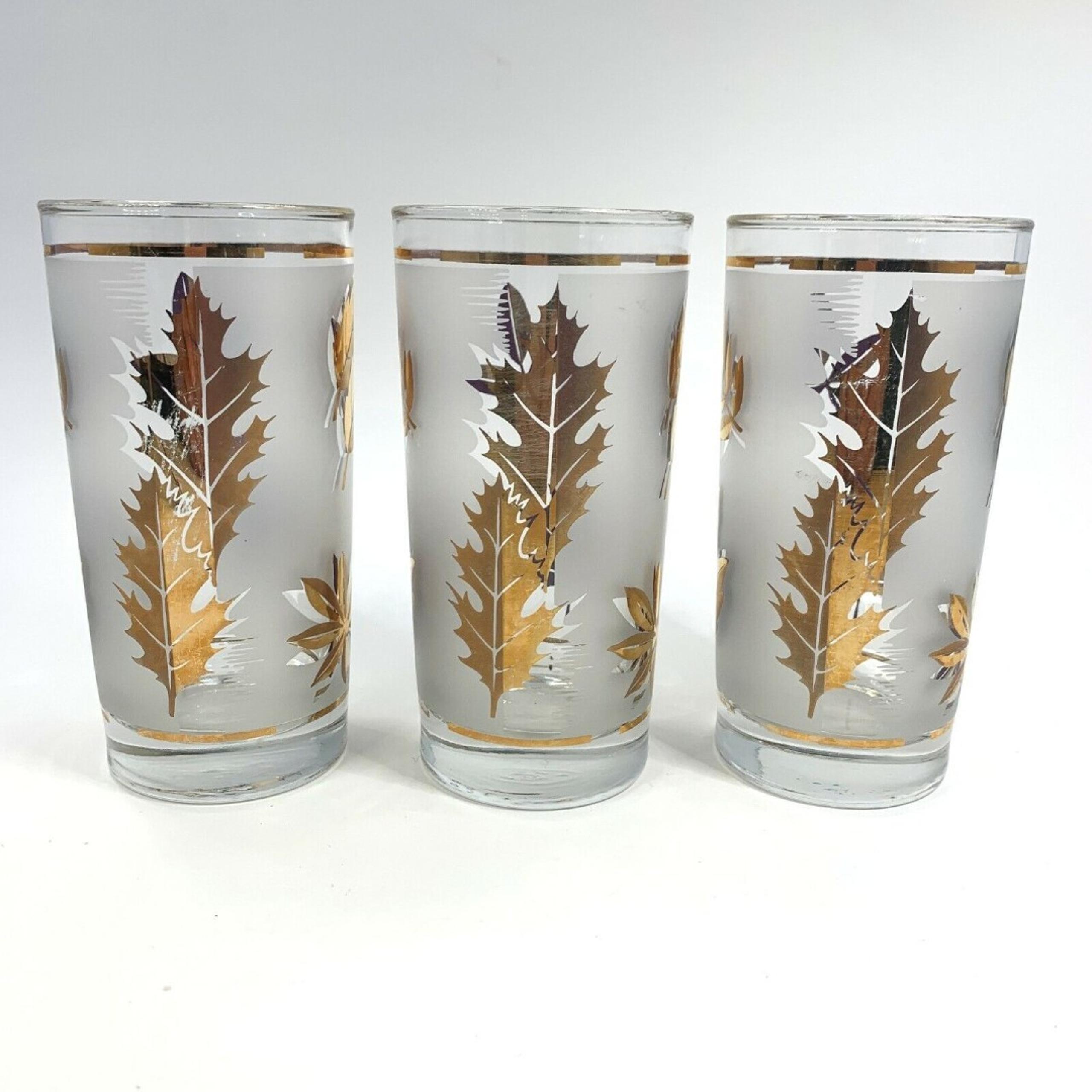 3 Libbey Golden Foliage Tumblers Frosted Leaves Vintage Mid Century Modern 12 Oz