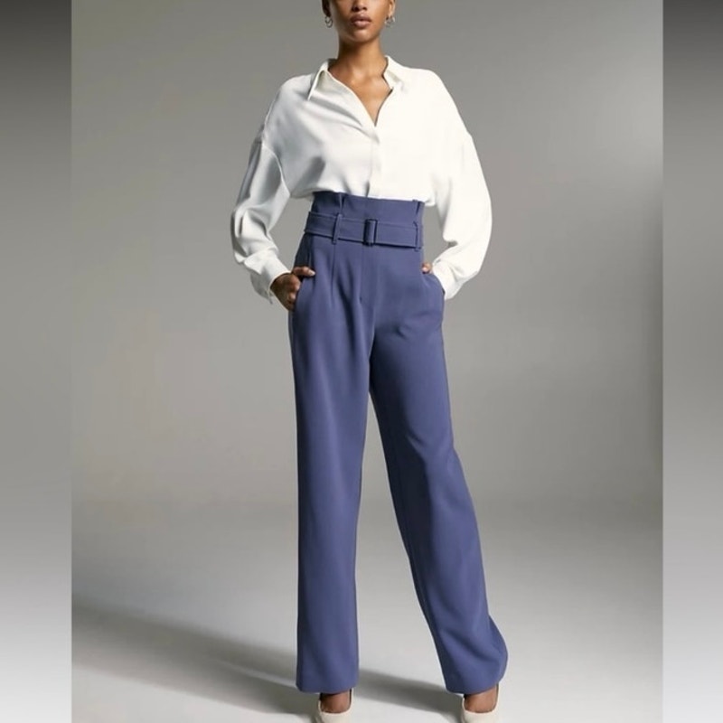 BABATON Power Pant High Waisted Belted Paper Bag Dress Pant Dive Blue Size 2