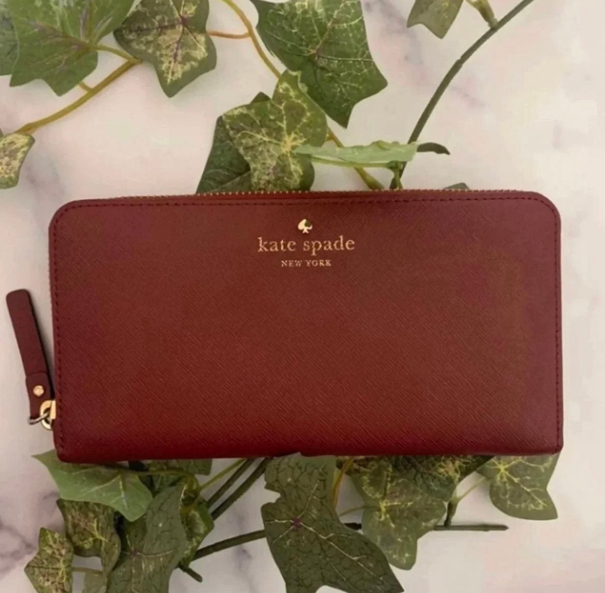 Kate Spade Designer Dark Red Zip Around Continental Rectangular Leather Wallet