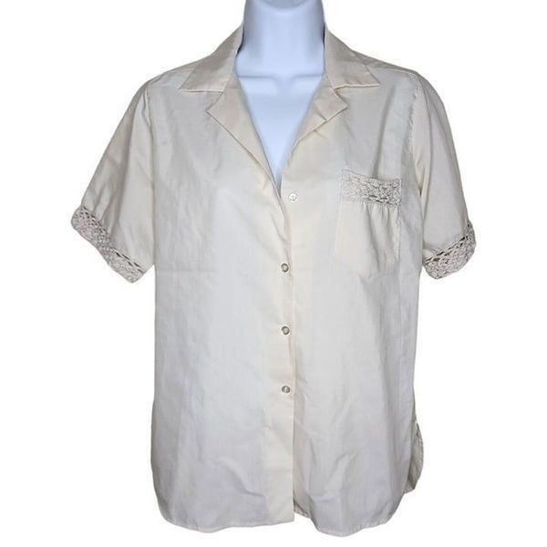 Vintage 80s Button Up Blouse Short Sleeve Shirt Womens Size L Ivory Cream Embroi