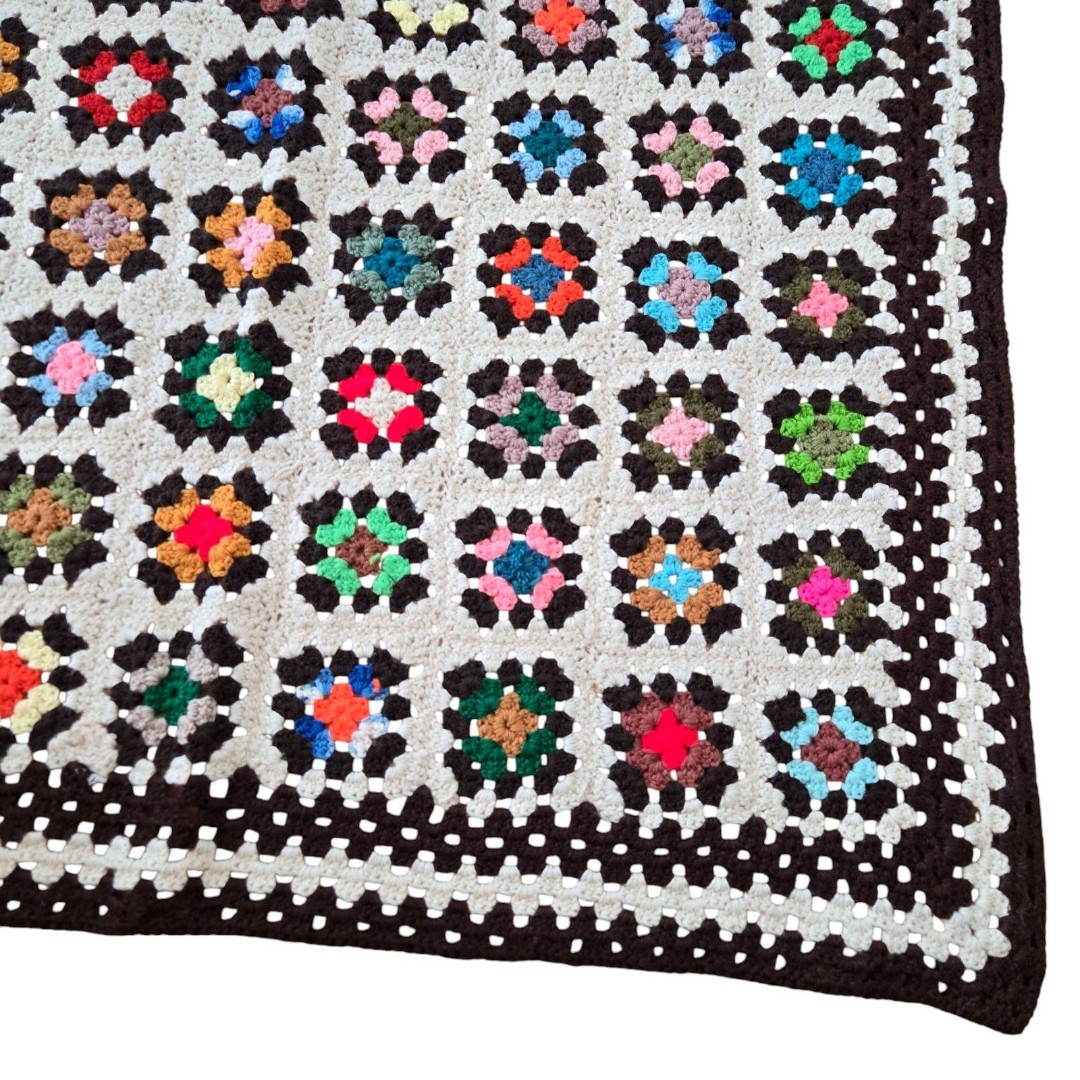 Vtg Colorful Granny Square Crochet Afghan Blanket Throw Roseanne Style 45x64