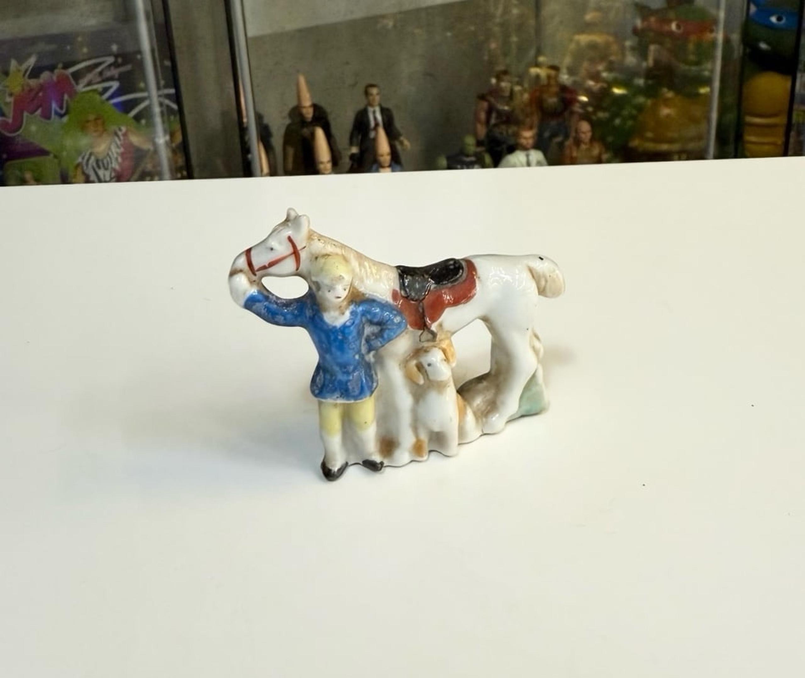 Antique Equestrian Horse Dog Porcelain Figurine Made In Occupied Japan 2 1/4”