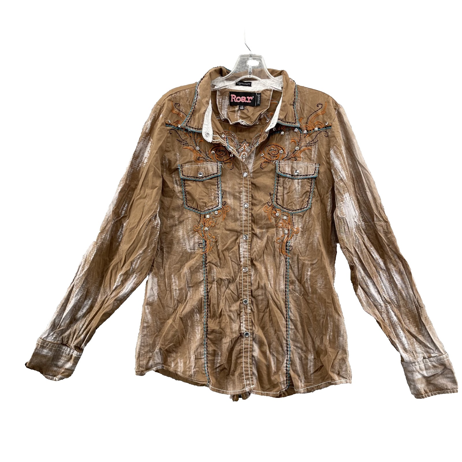 Roar Shirt Womens XL Brown Signature Western Studded Y2k Biker Grunge Rodeo Rock