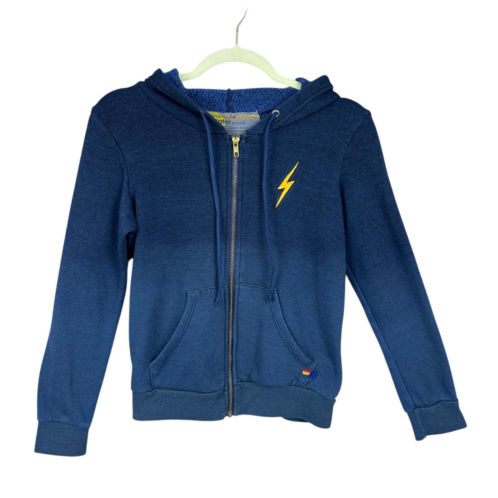 Aviator Nation Kids Zip Up Hoodie Navy Sweatshirt Lightning Bolt Logo Size 14