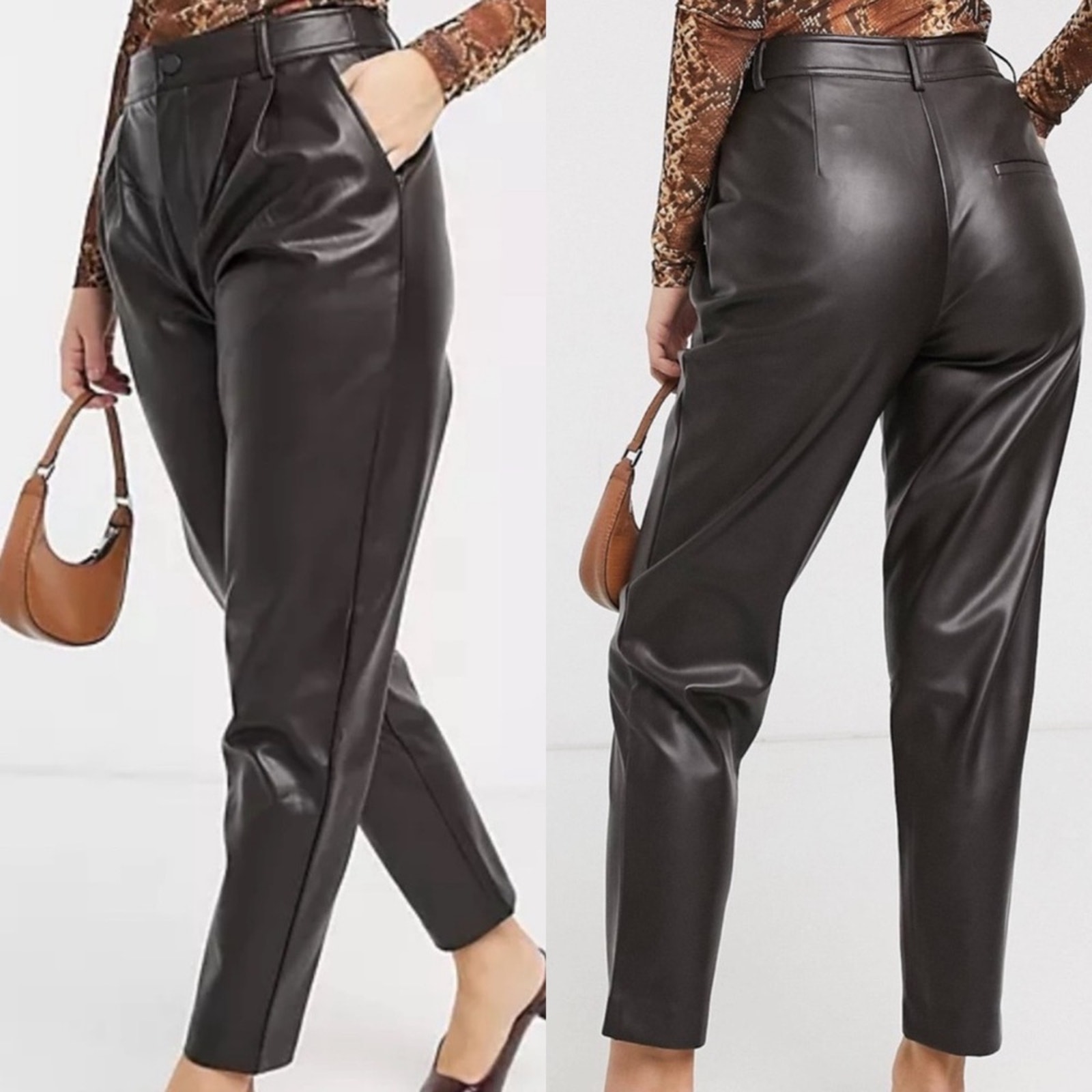 Mango chocolate brown faux leather high waisted tapered pants US Size 2