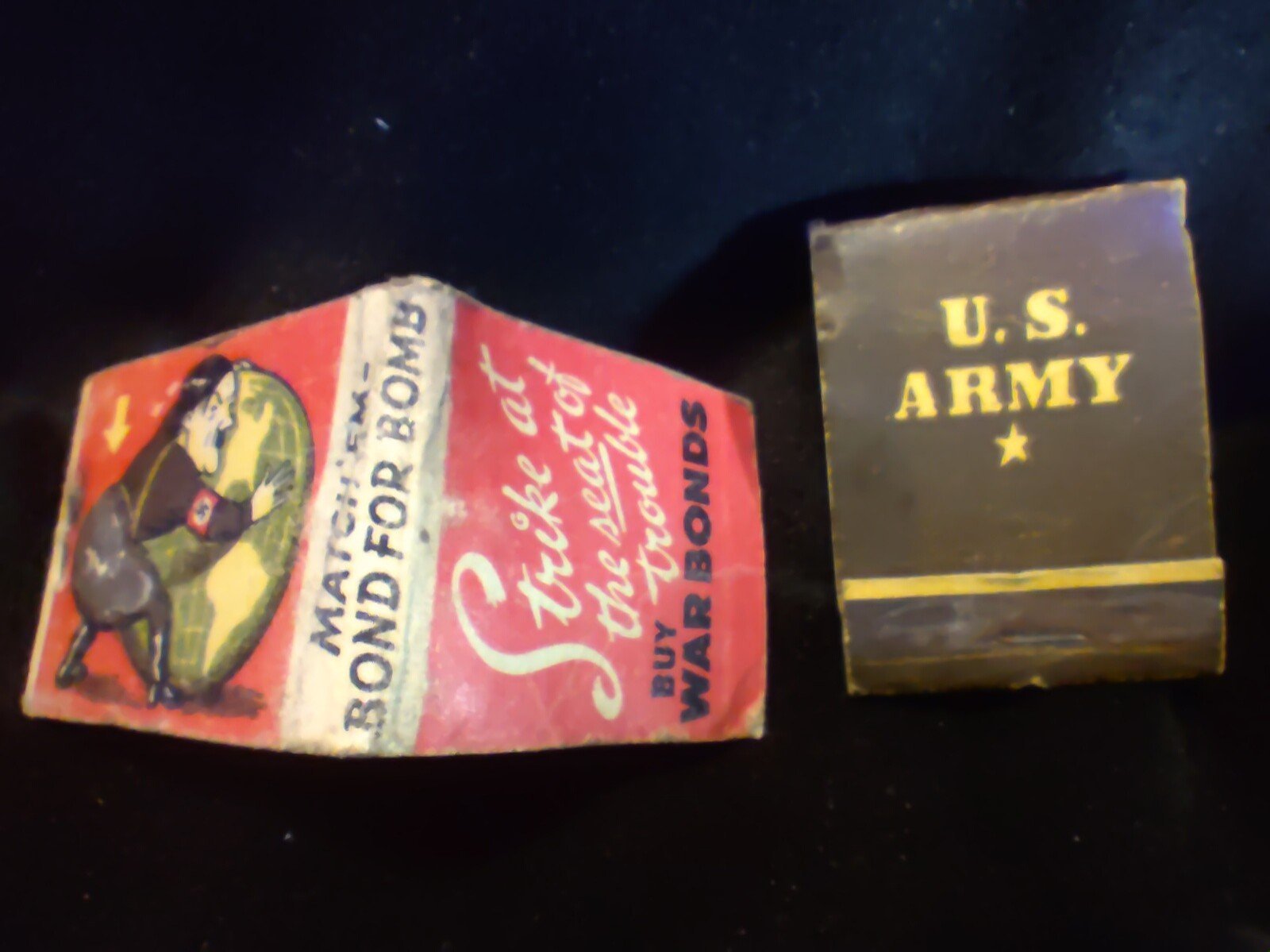 2 wartime WWII MATCHBOOK COVERS military US ARMY and WAR BONDS VS Hitler