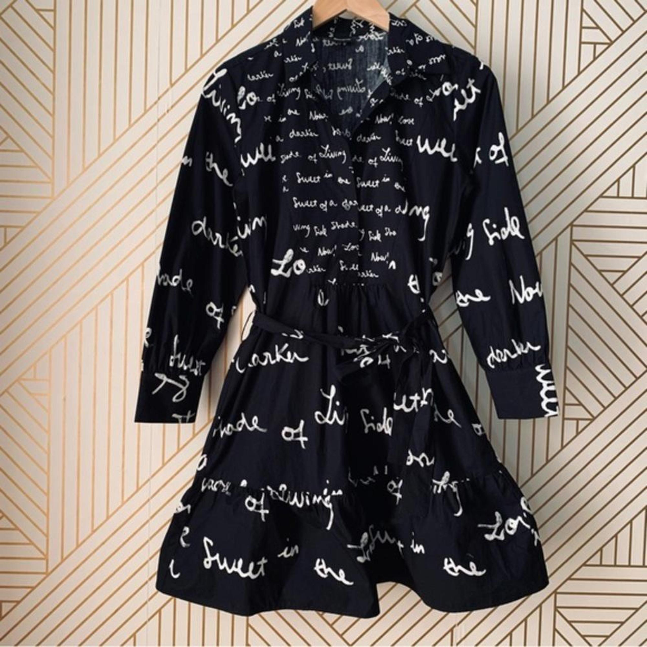 DESIGUAL text script word shirt dress ruffle hem long sleeve tie waist cotton XS