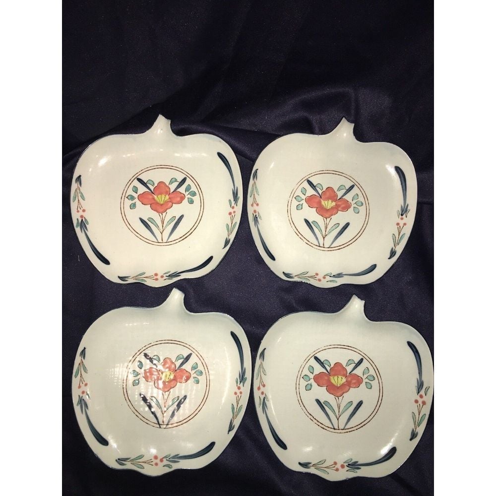 Neiman Marcus Japan Porcelain Apple Shape Plate Set Hand Painted Floral Ceramic