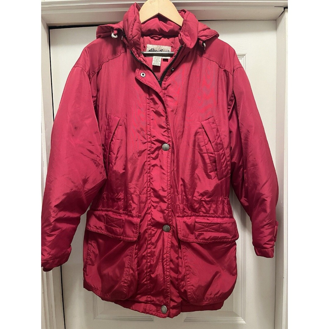 Eddie Bauer Goose Down Red Parka Coat Jacket Removable Hood Sz M