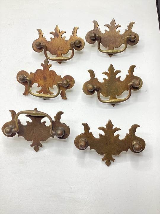 6 Vintage Gold Tone Drop Pull Floral Leaf Design Drawer Pulls
