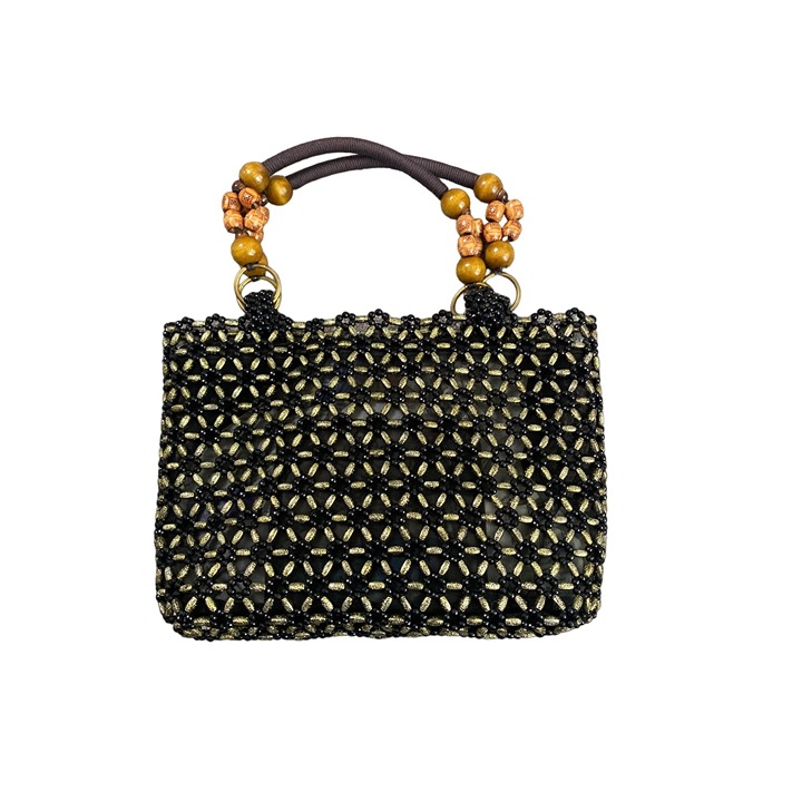 BLACK & GOLD WOMEN'S UNIQUE HANDMADE BEAD RETRO HANDBAG NWOT