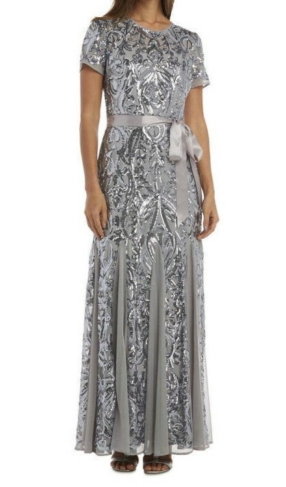 R & M Richards Jeweled Sequin Lace Godet Gown Size 8 Silver