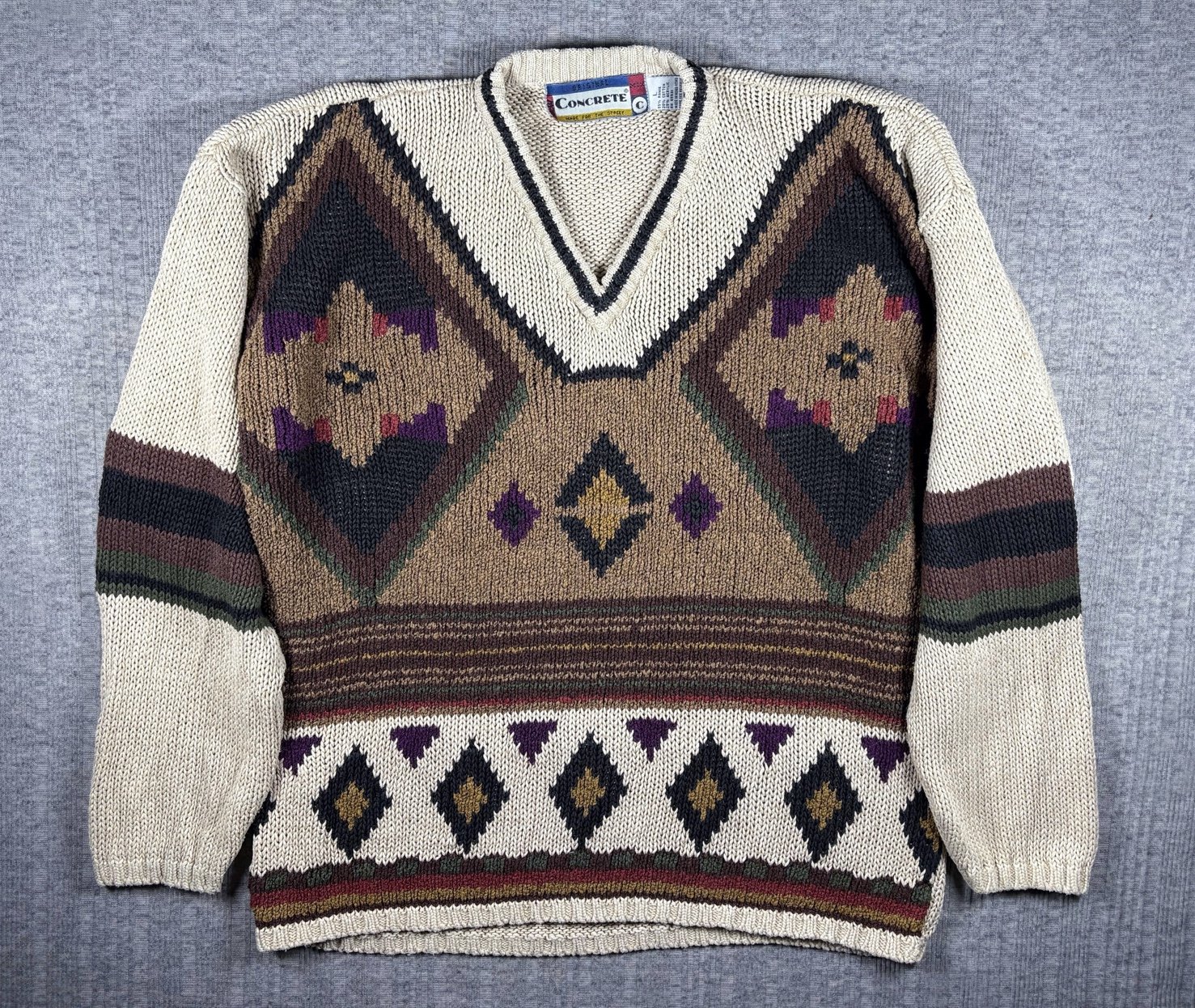 Vtg Concrete Mix Sweater Mens Size L Geometric Aztec V Neck Heavy Knit Grandpa