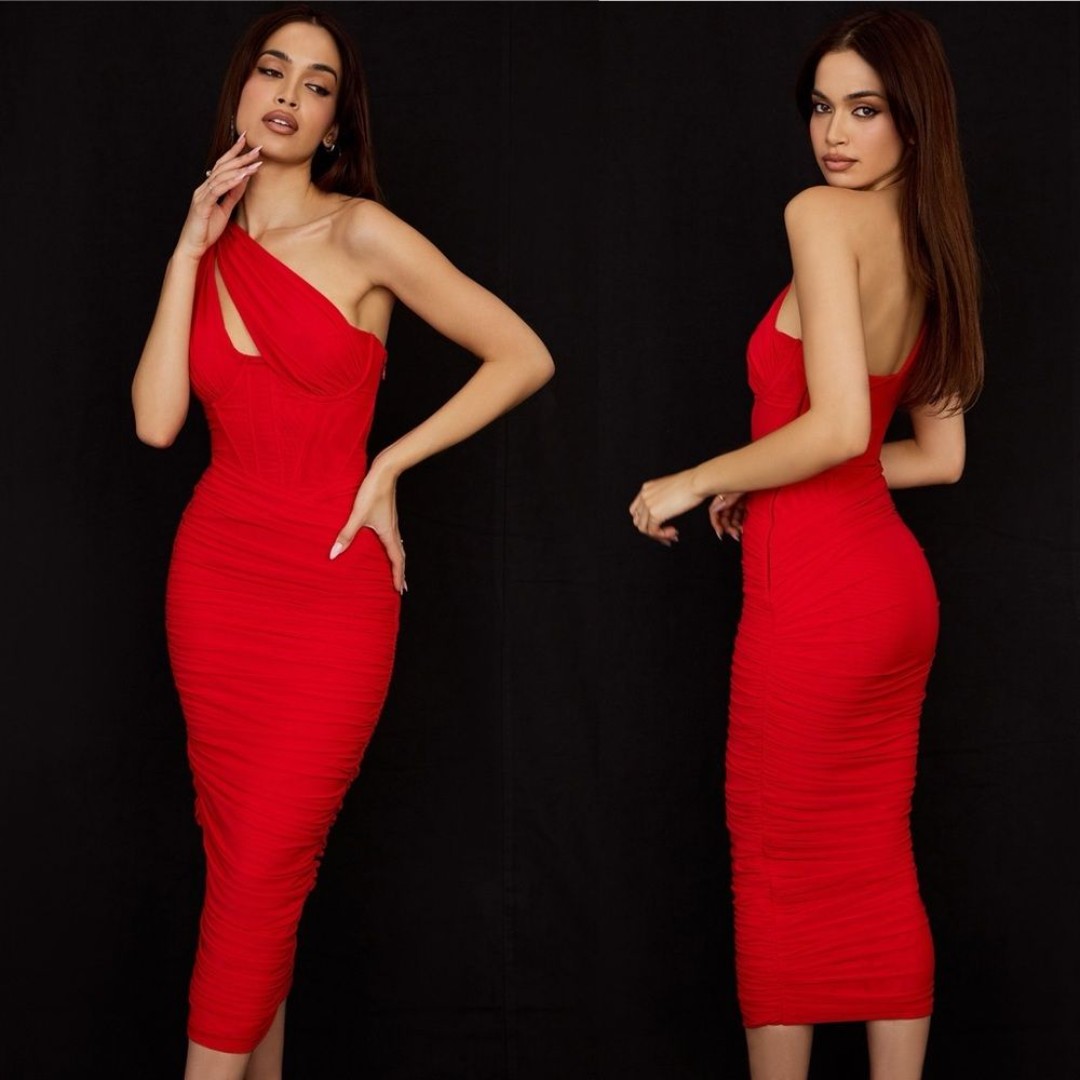 NWT House of CB Red Valentina Asymmetric Cutout Midi Dress XS