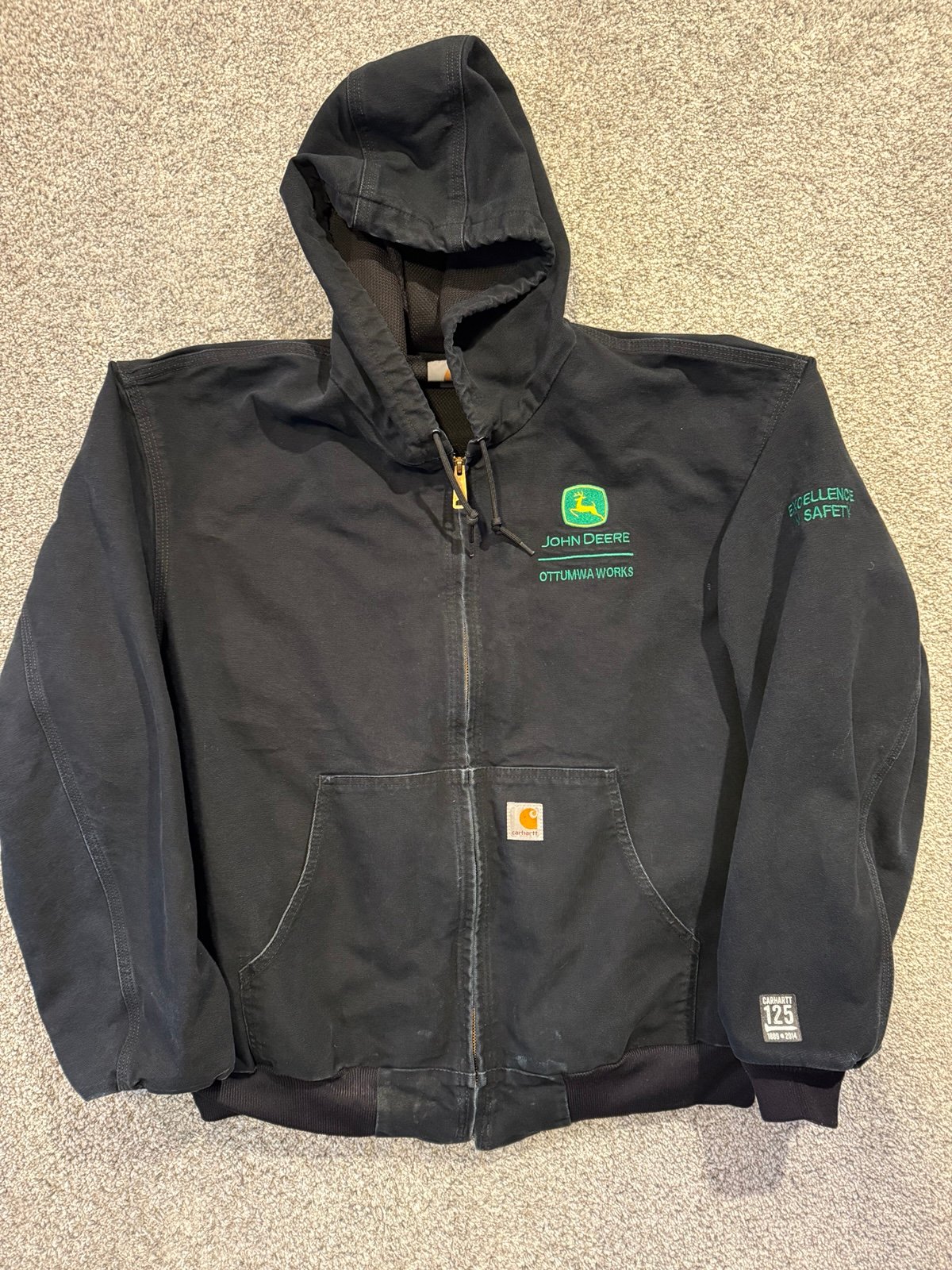 VTG Carhartt Jacket Mens 2XL Regular J131 BLK Canvas Duck Lined Hood USA 125 YRS