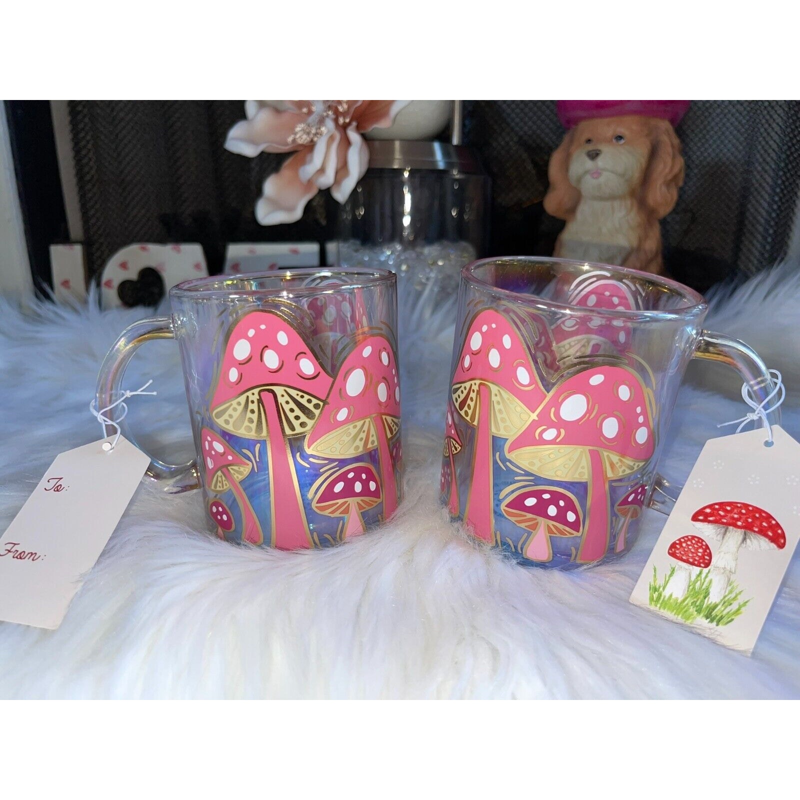 SHEEFIELD HOME Pink Mushrooms Clear Glass Coffee Cup Mug 18 Ounces