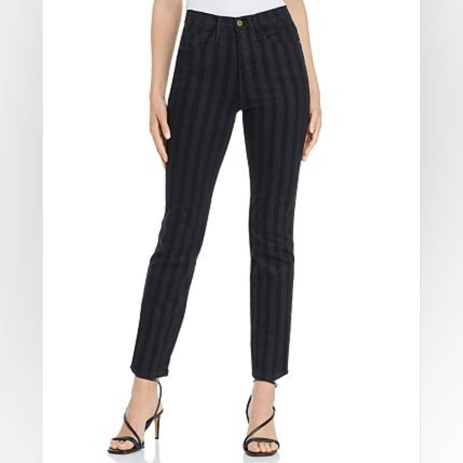 Frame NWT Le Sylvie Slender Straight Leg Jeans Black Vertical Tonal Stripe Denim