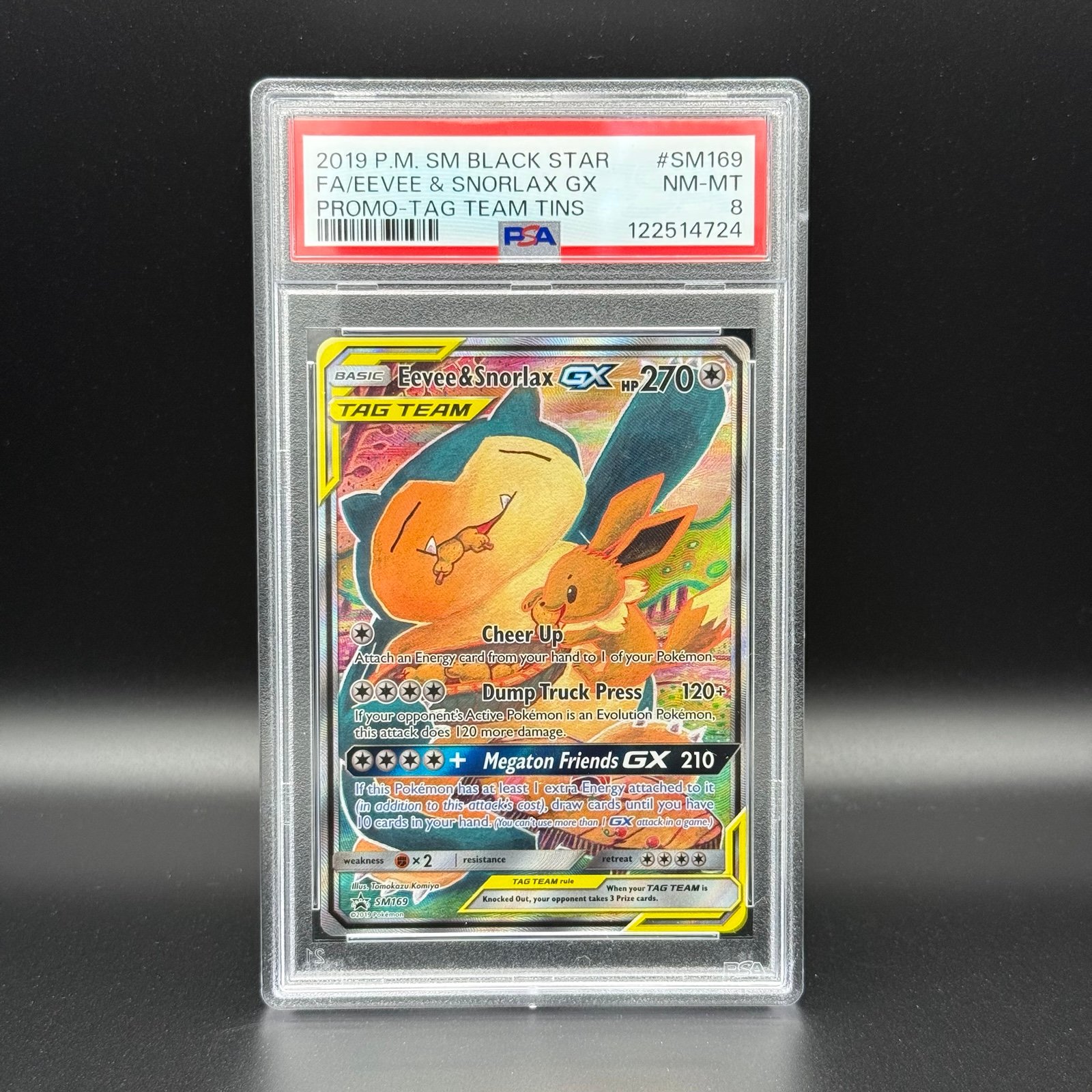 PSA 8 Pokemon Eevee & Snorlax GX Tag Team Alt Art 2019 Black Star Promo #SM169