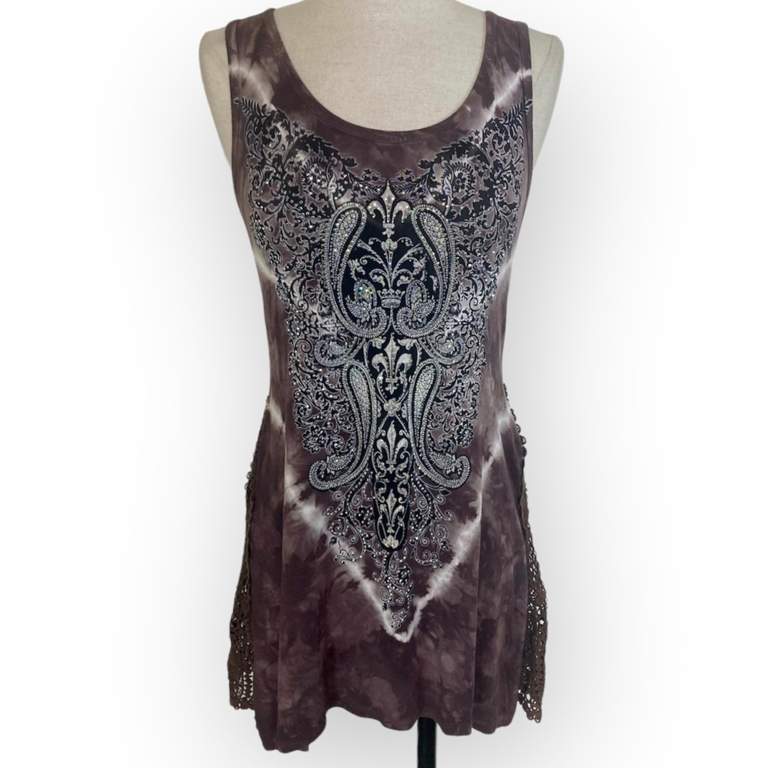 Vocal rhinestone crochet tunic top, womens small brown tie dye tank tunic