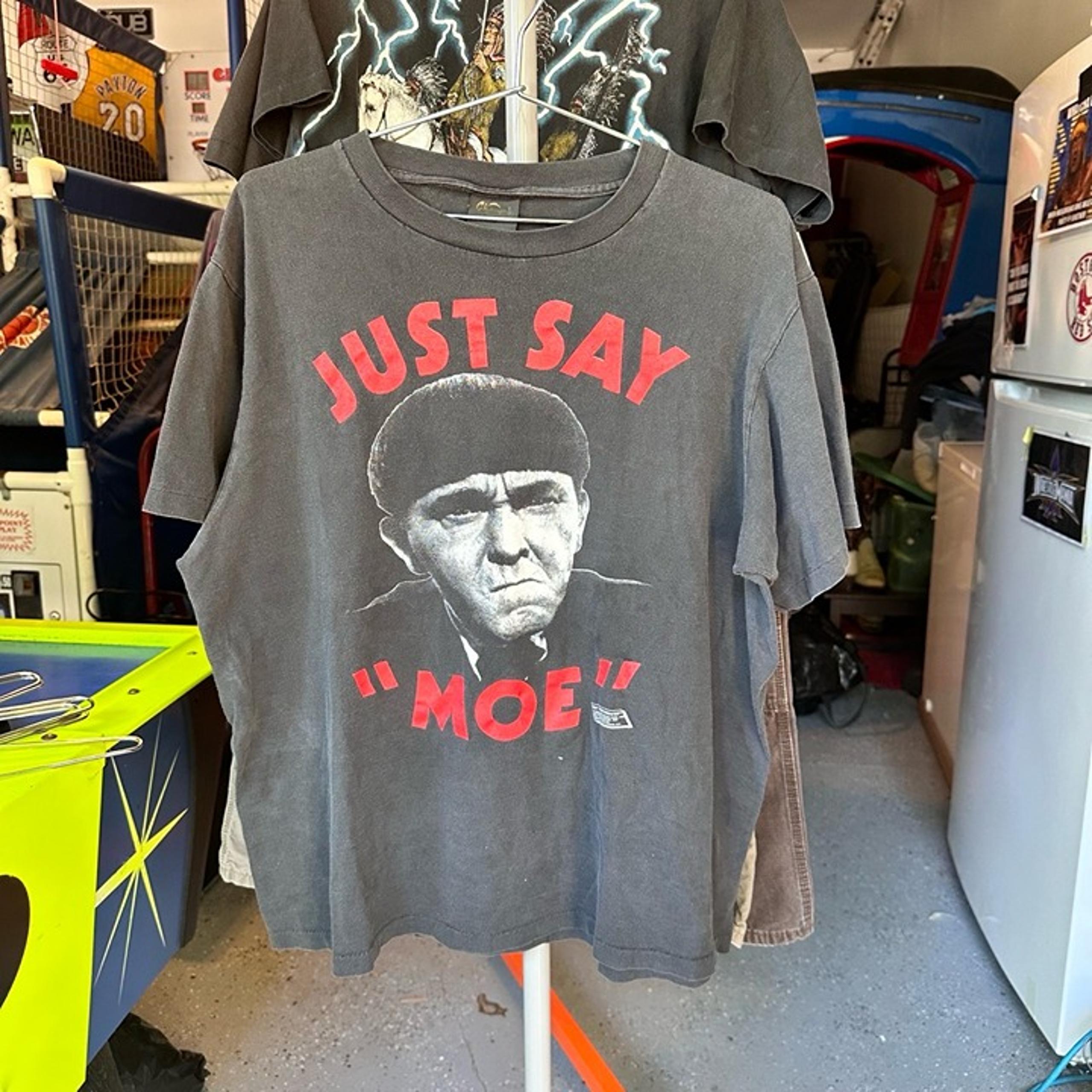 Vintage 1989 The Three Stooges Just Say Moe Graphic Print Crew Neck TShirt XL