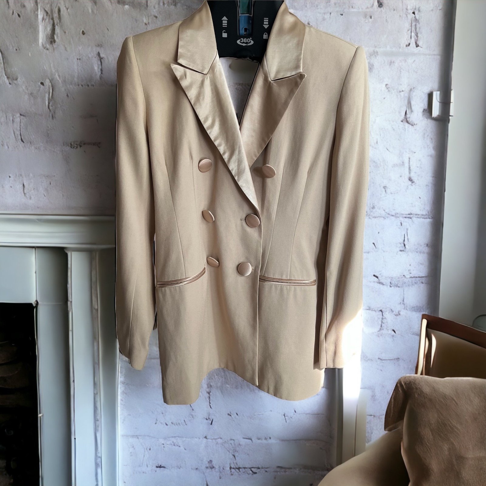 VTG Lew Magram Women's Sz 8 Tan Beige Longline Double Breasted Blazer Jacket