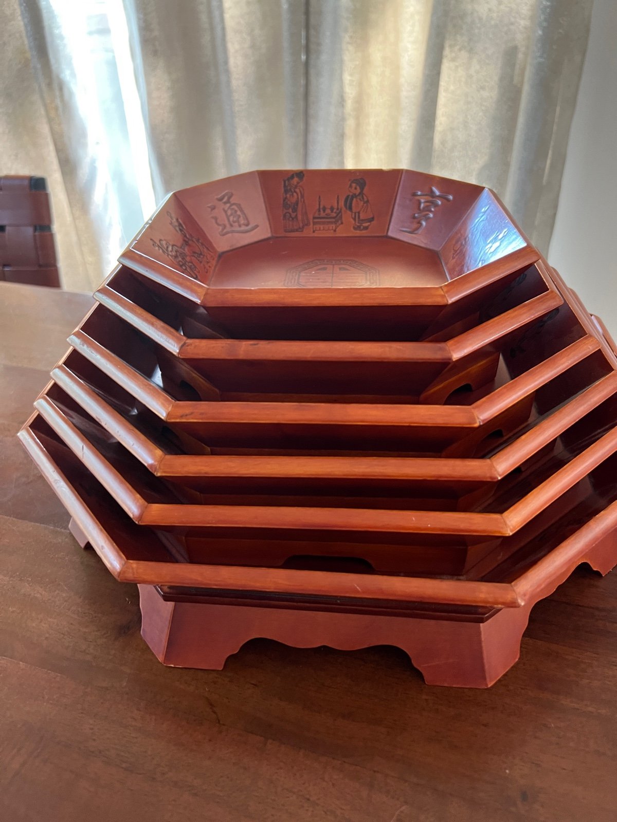 Set of 6 Korean Decorated Nesting Wooden Lacquered Stacking Bowls