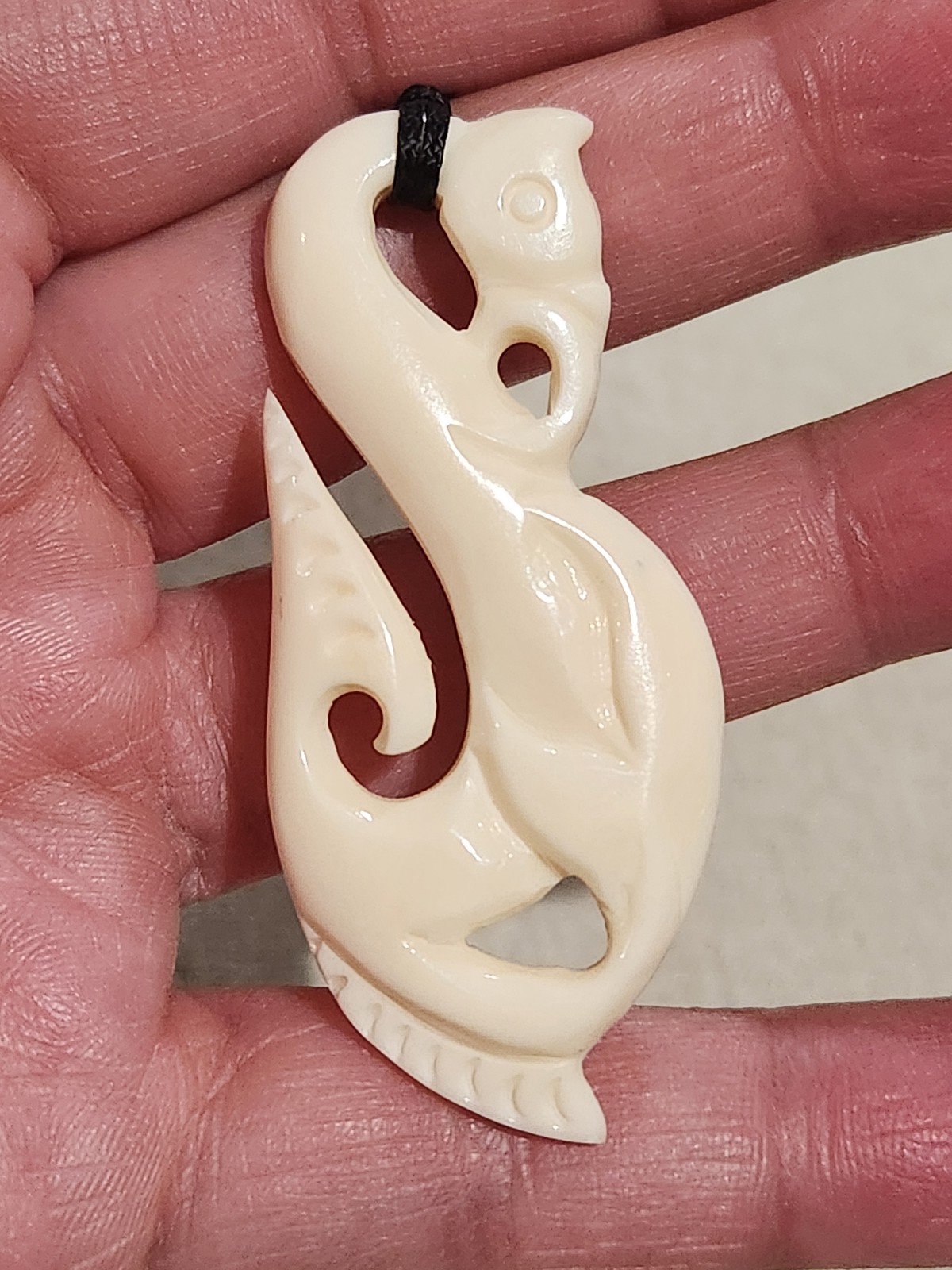 Maori Carved Bone Matau Pendant Cord Necklace