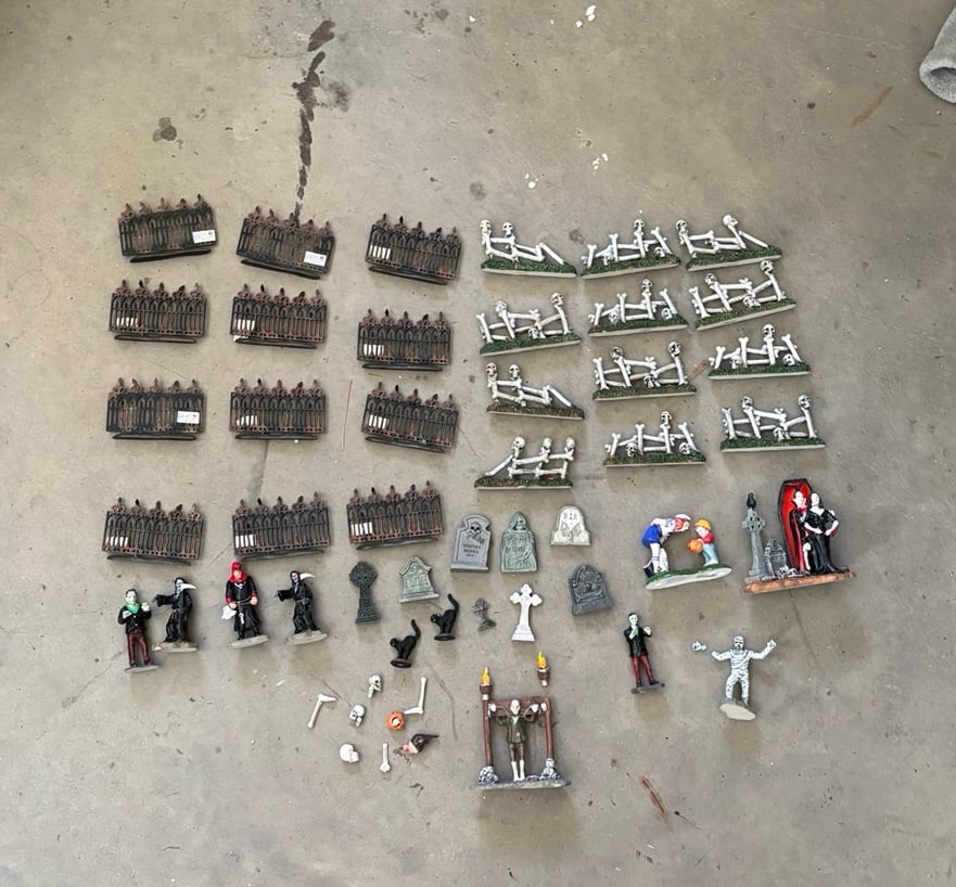 Lot of Department 56 and Lemax Halloween figures and fences