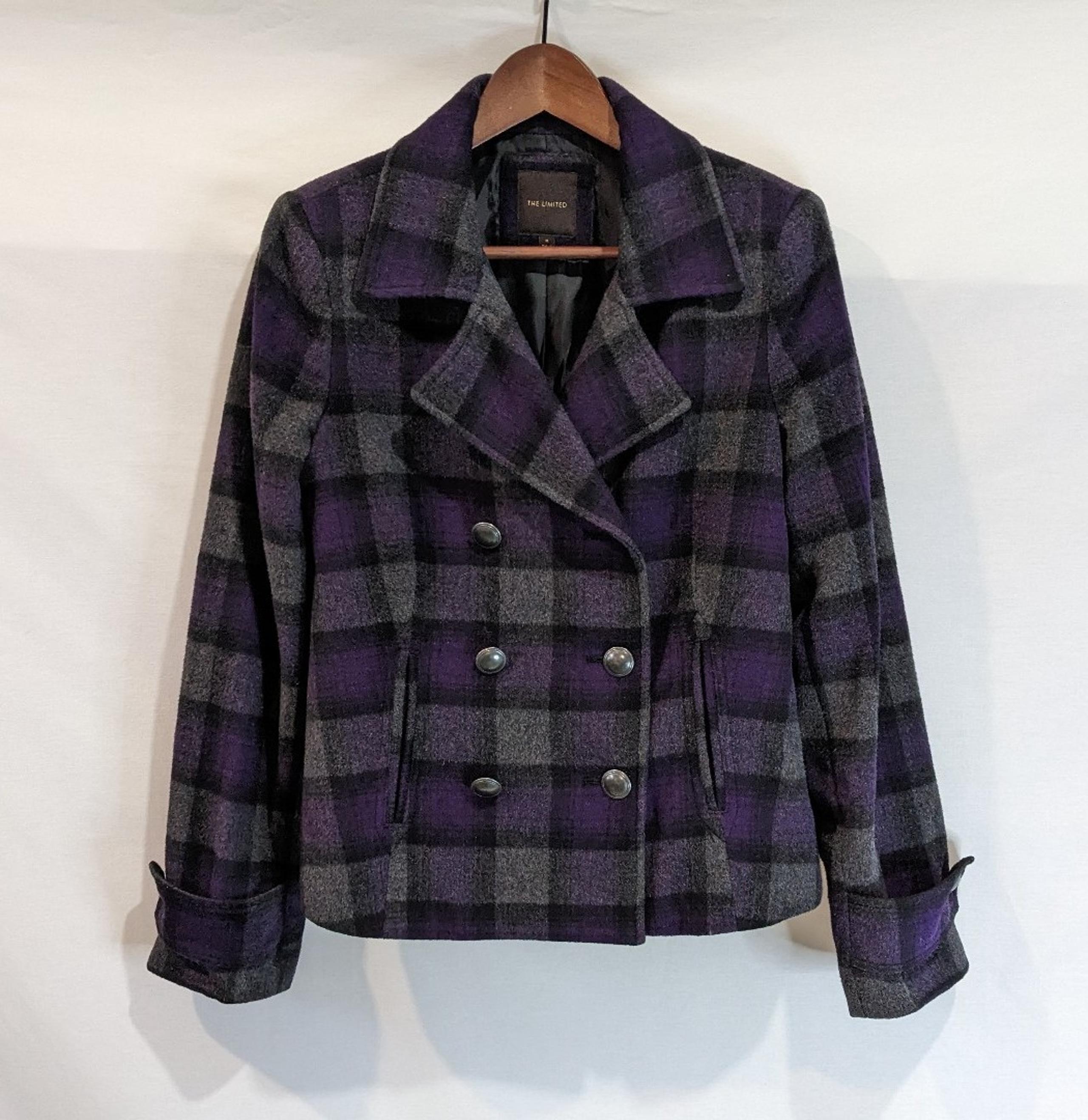 The Limited Checkered Plaid Purple and Grey Wool Blend Pea Coat Size Medium