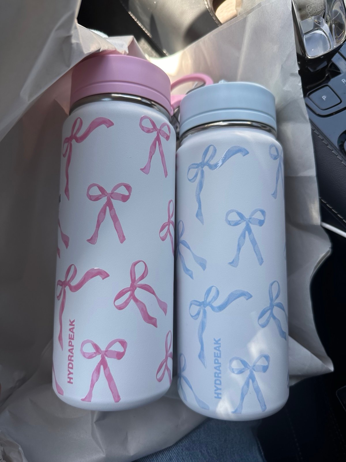 Set of pink and blue bow hydrapeak water bottles NWT