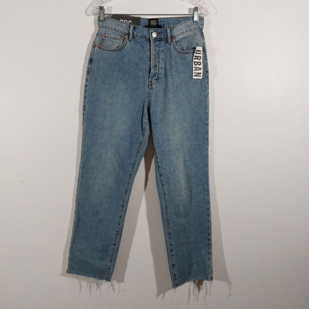 BDG High Rise Slim Straight Cropped Jeans Blue Button Fly Frayed Hem Size 28