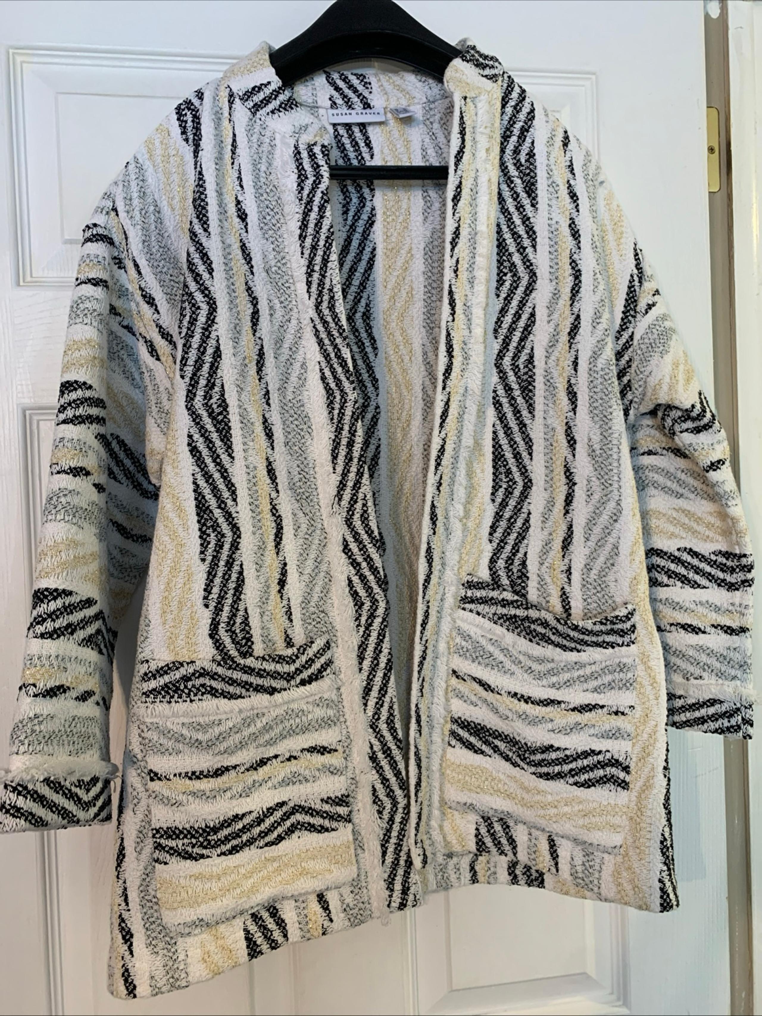 Susan Graver size 8 women’s open stripes jacket pockets gold accents