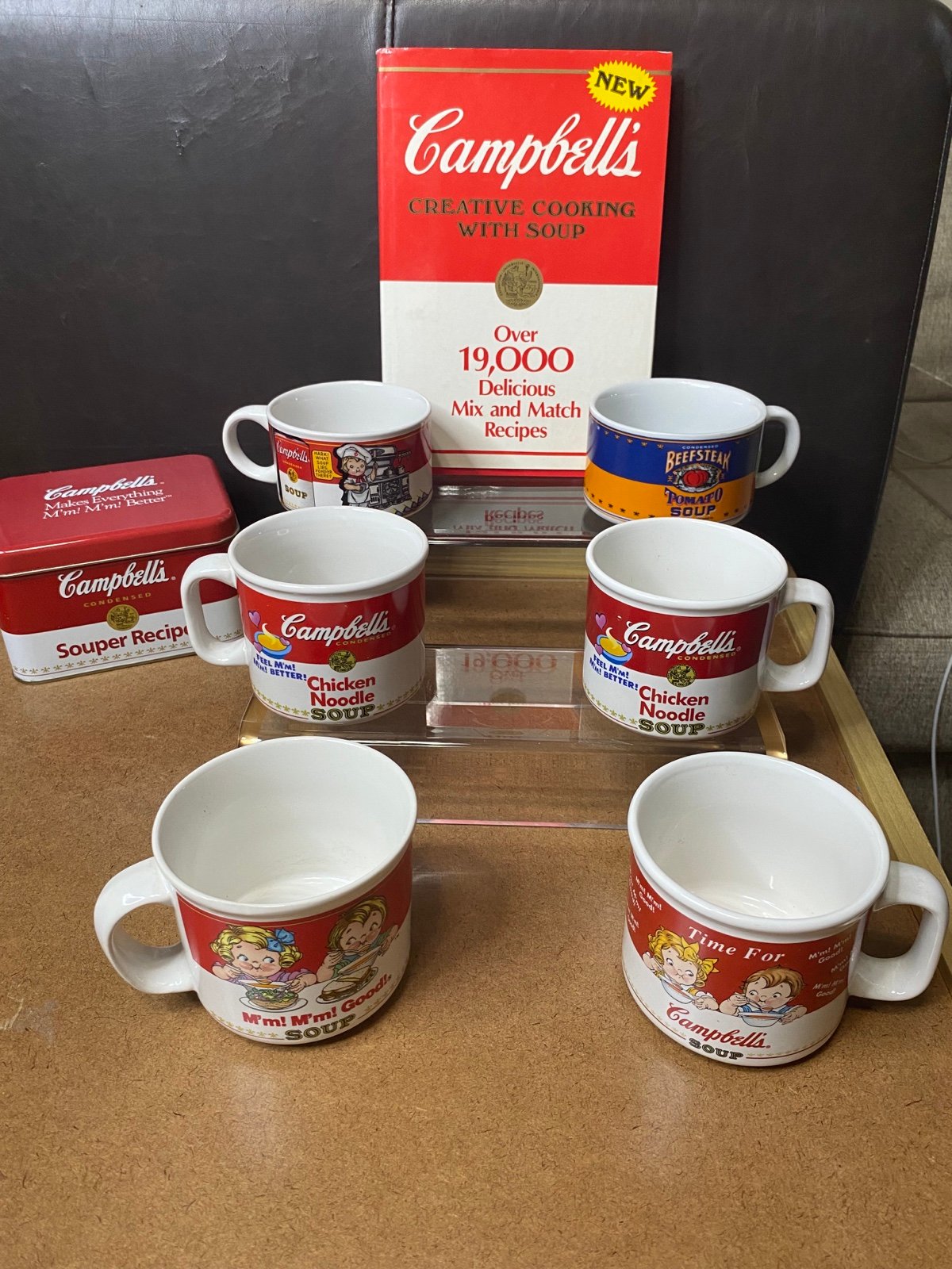 Lot of 6 Vintage Campbells Soup Mugs Cups 1989-1997 plus Souper Tin & Cookbook