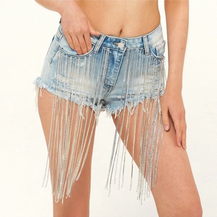 Rhinestone Fringe Distressed Cutoff Western Bling Jeans Shorts