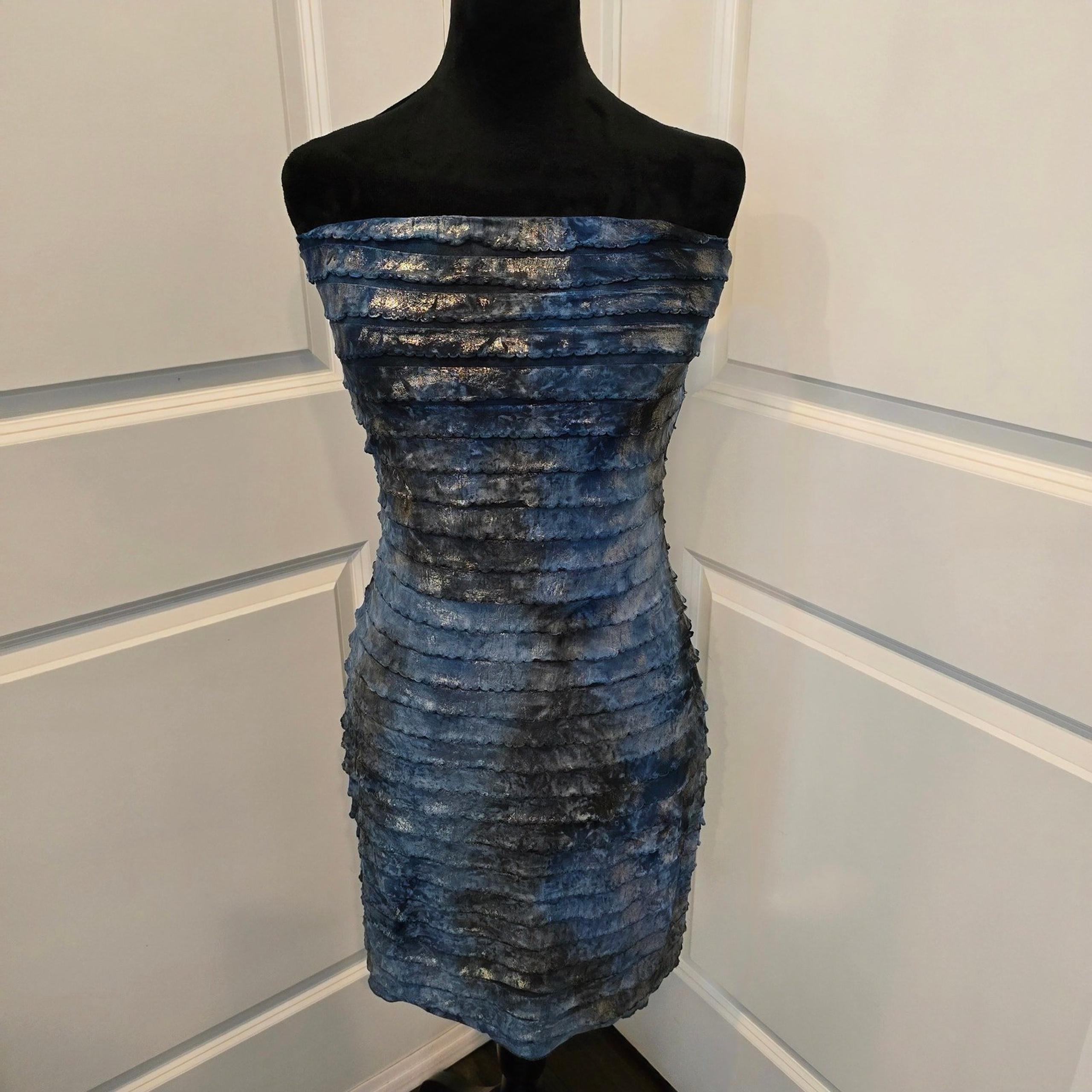 Women's Ruby Rox Strapless Blue and Gold Ruffled Midi Bodycon Dress Size L