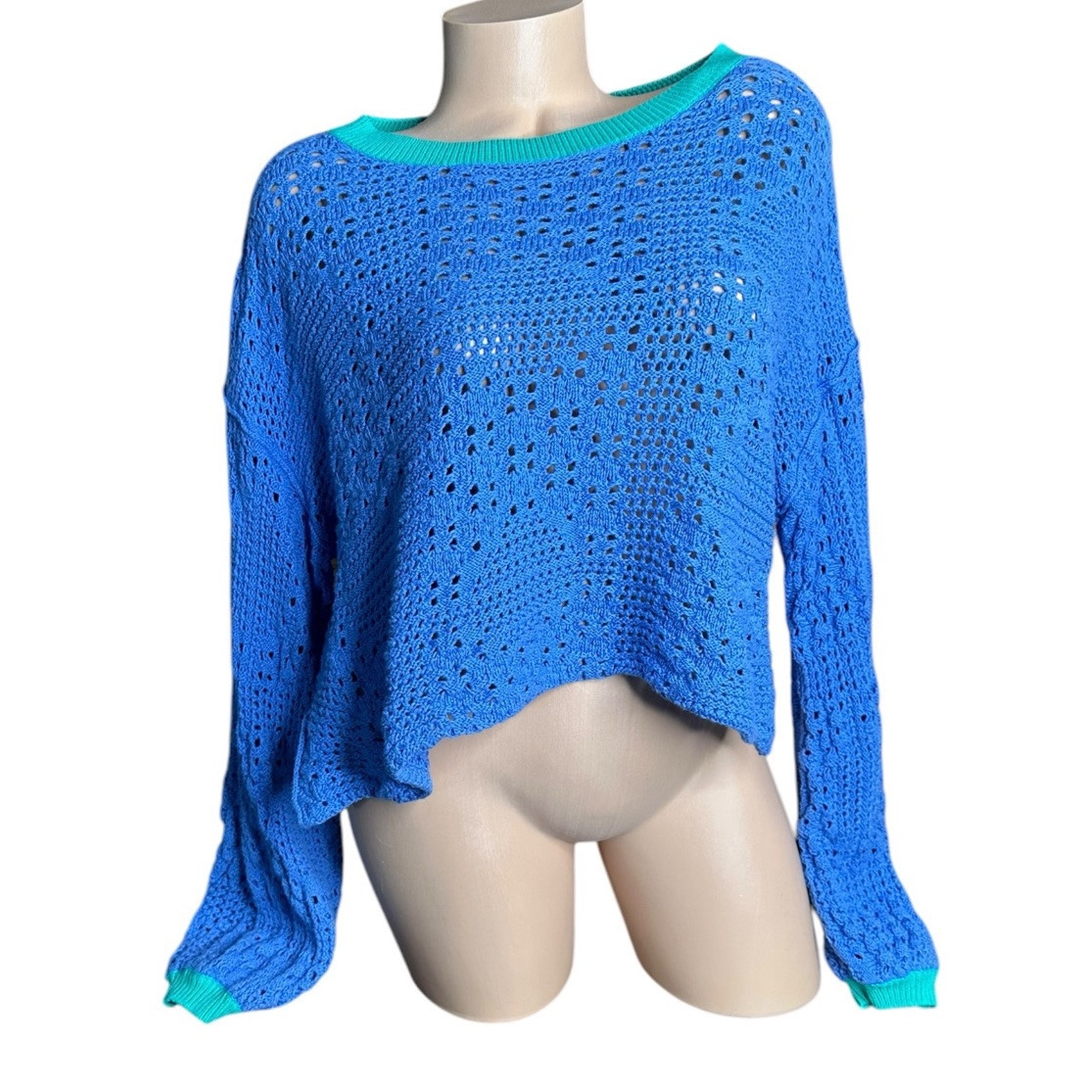 Free People Womens Crochet Open Knit Oversized Relaxed Crop Sweater Blue Green L